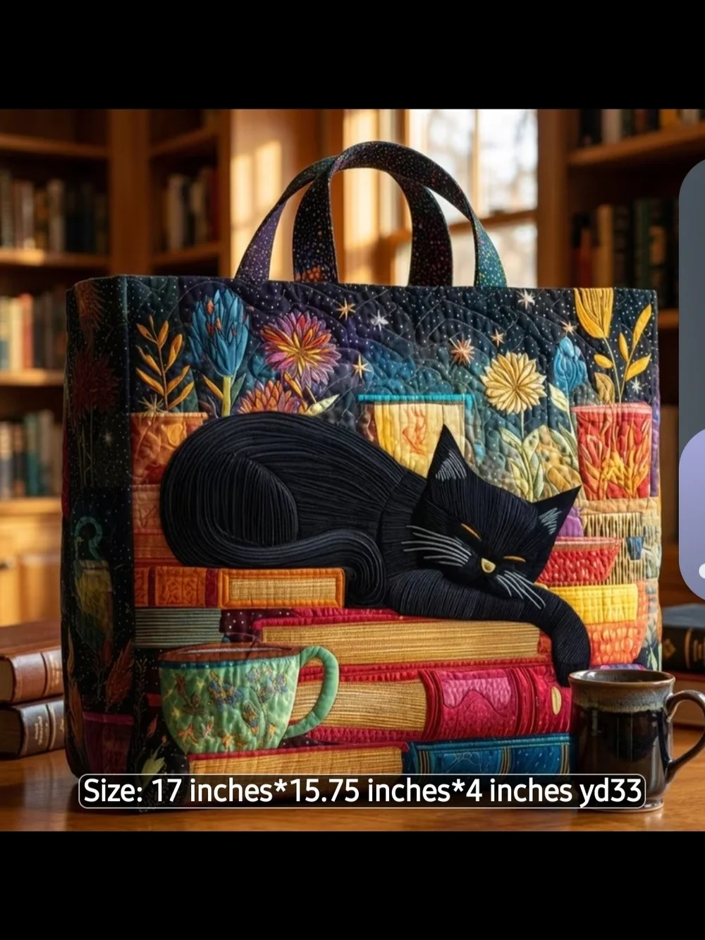 Quilted Tote Bag with Sleeping Black Cat and Colorful Bookstack